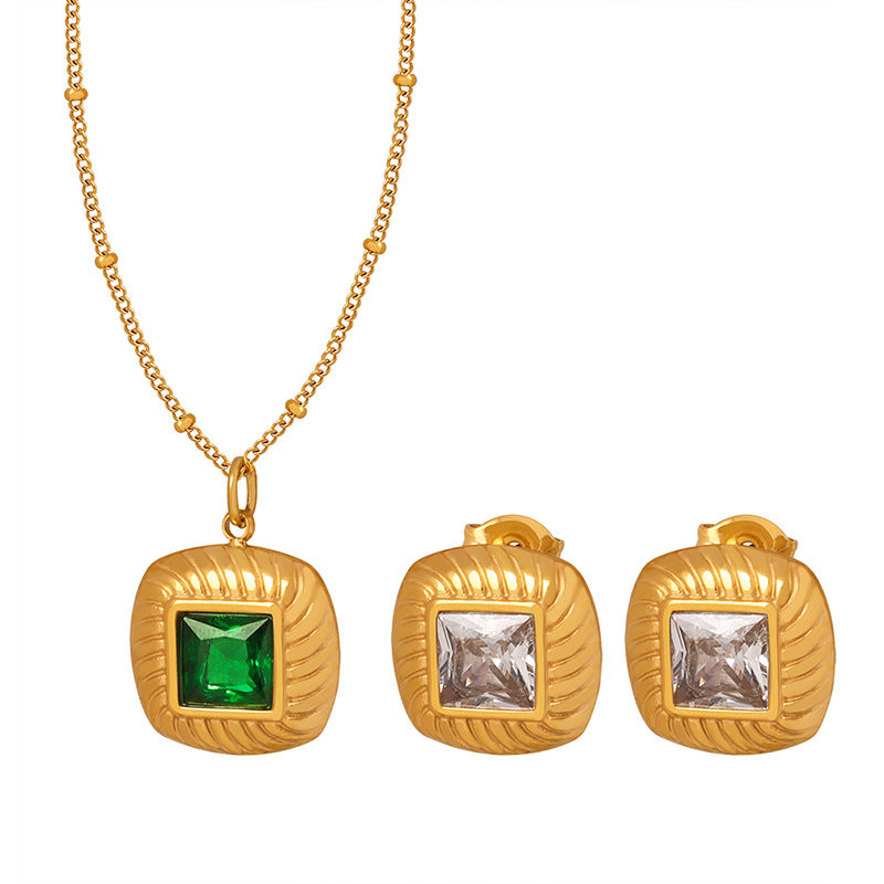 18K Gold Fashionable Retro Square Inlaid Gem Design Court Style Earrings Necklace Set