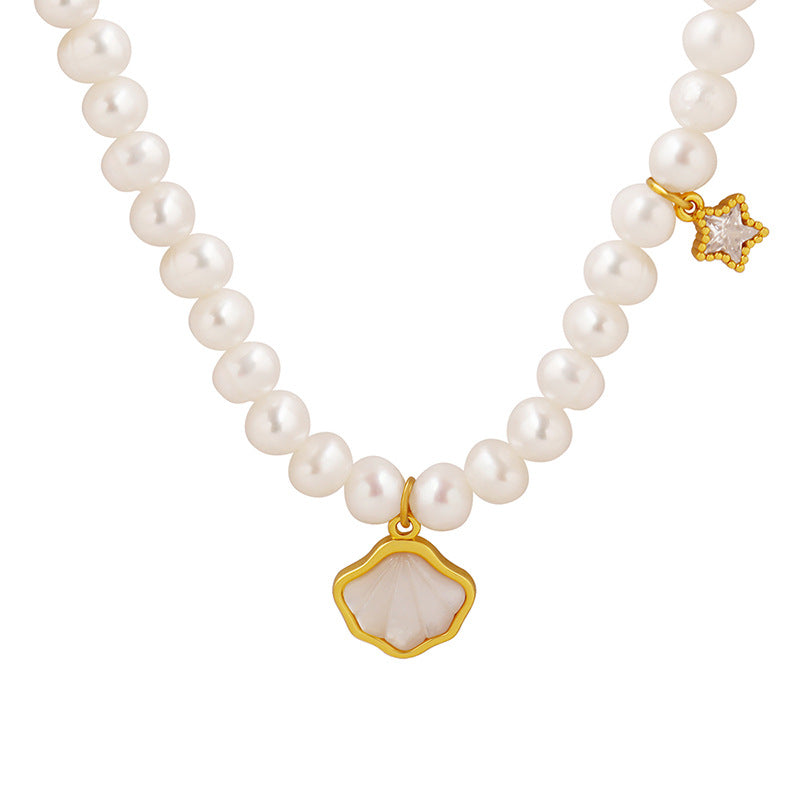 18K gold fashionable simple pearl with shell and star inlaid zircon design versatile necklace - Syble's