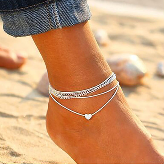 Exquisite and simple bohemian style heart-shaped double layer beach style design versatile anklet - Syble's