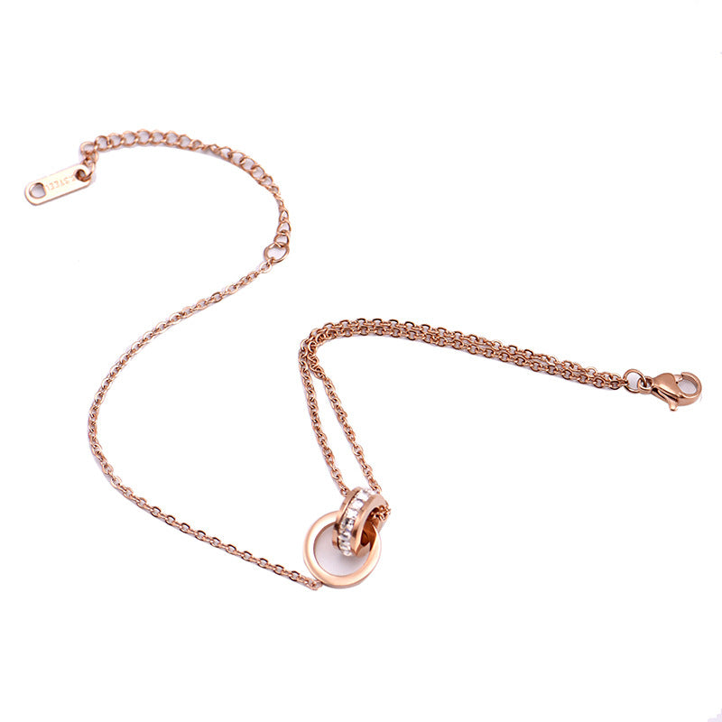 Exquisite and luxurious rose gold double-ring Roman numerals inlaid with white diamond design titanium steel anklet