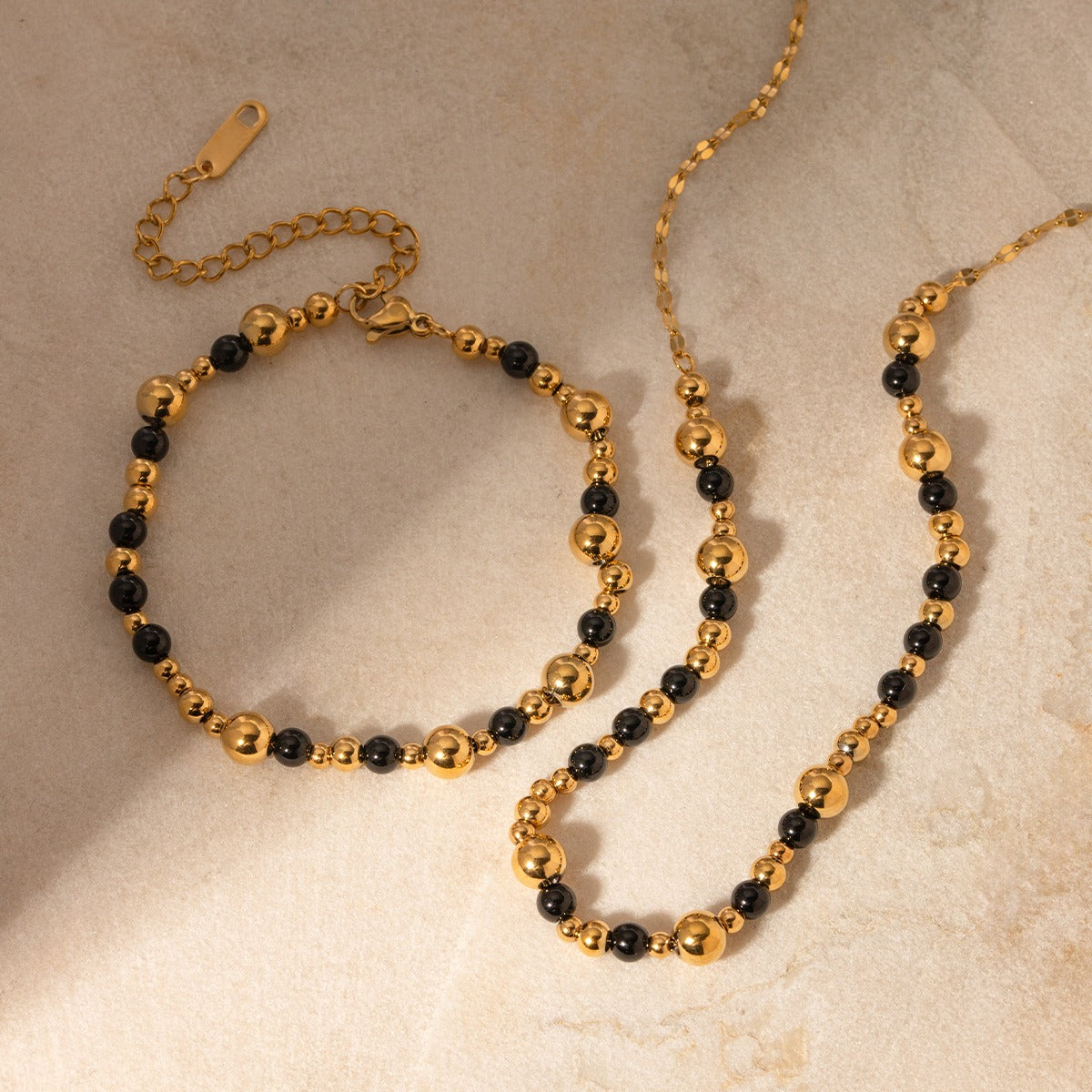 18k gold light luxury noble round beads with black agate bead string design necklace bracelet set