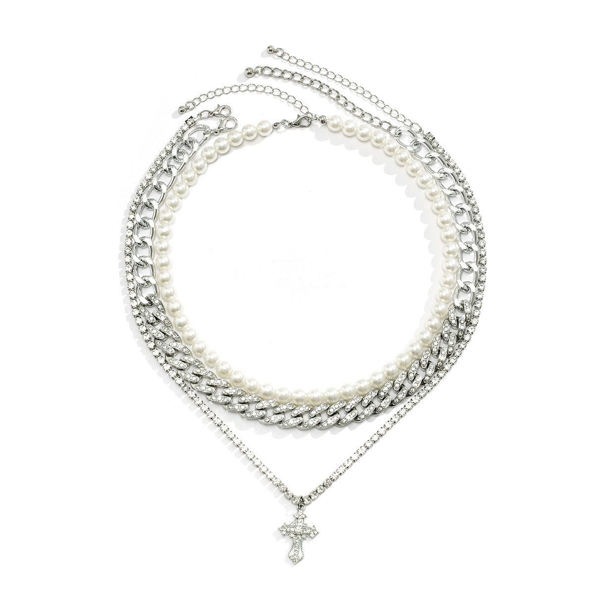 Trendy and fashionable pearls with Cuban chain and cross-studded diamond multi-layer design versatile necklace