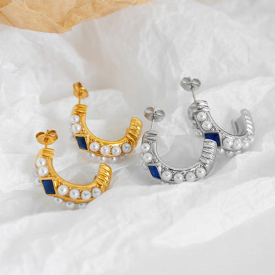 18K Gold Exquisite and Noble C-shaped Inlaid Zircon with Pearl Design Versatile Earrings - Syble's