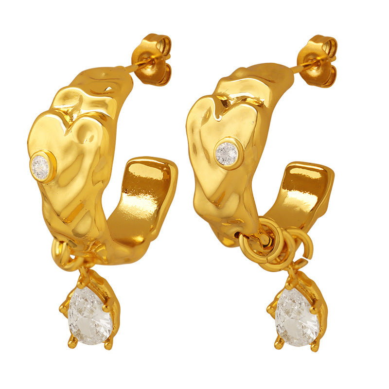 18K gold exquisite and noble C-shaped earrings with zircon tassel design and light luxury style