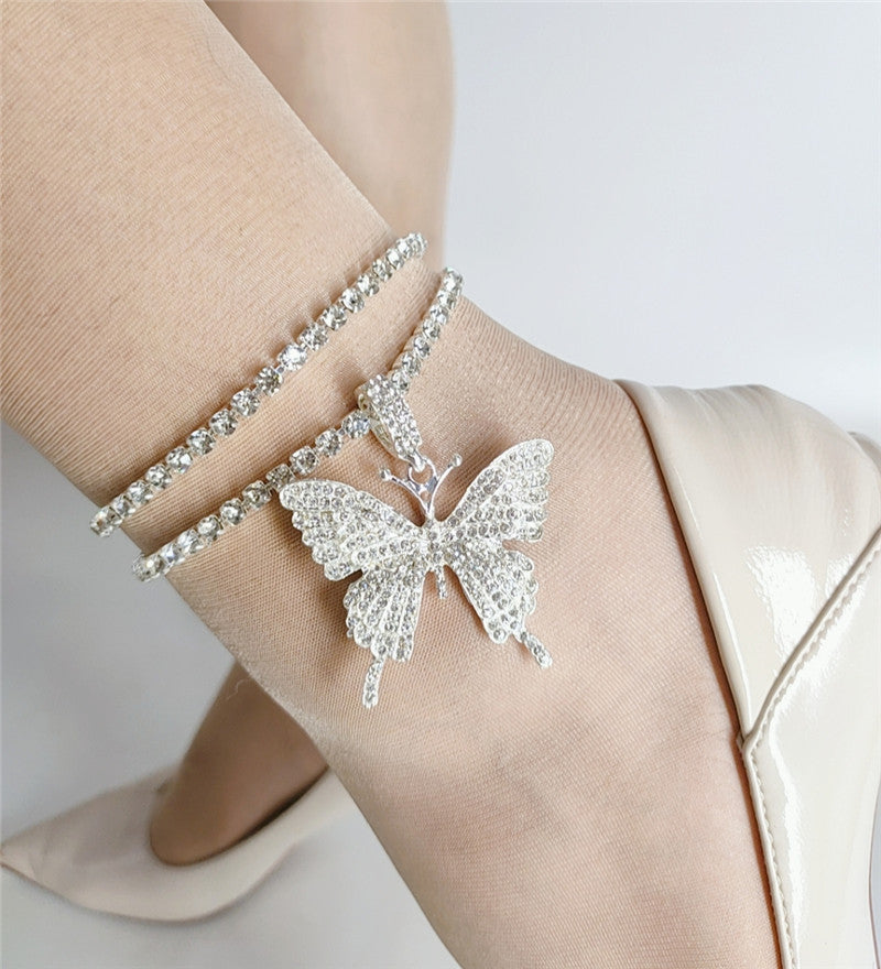 Diamond Butterfly Pendant Double Anklet - Syble's