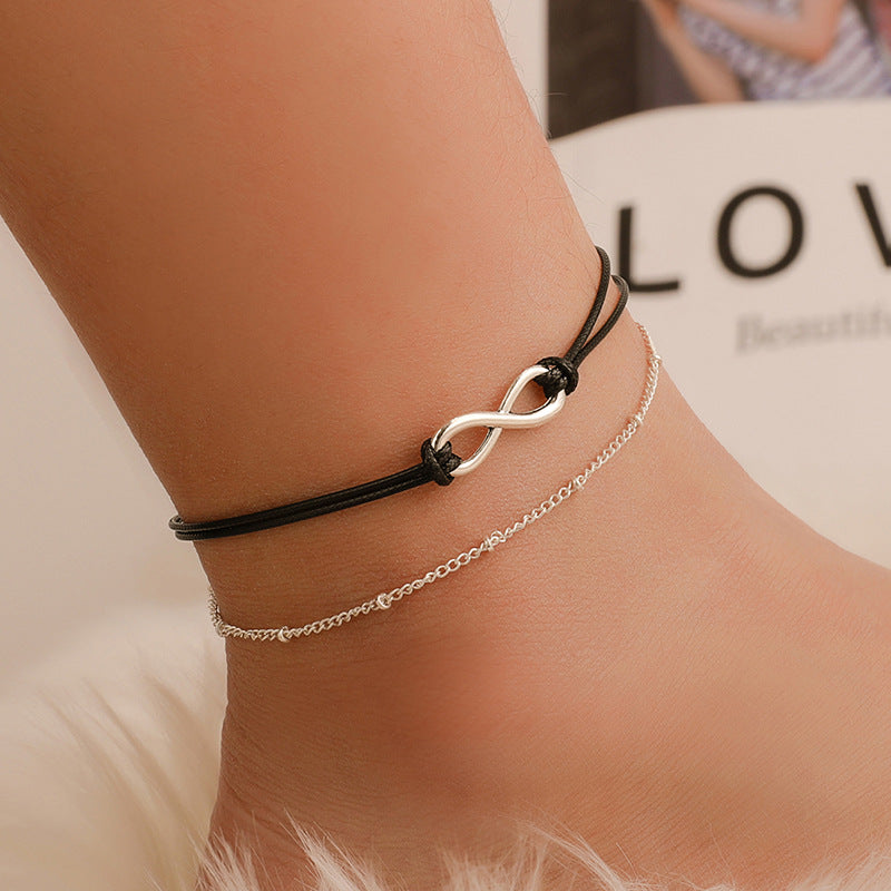 Retro Simple Bo Miya Wind Double -layer Design Black Rope with Lucky Digital 8 Extraordinary Foot Chain