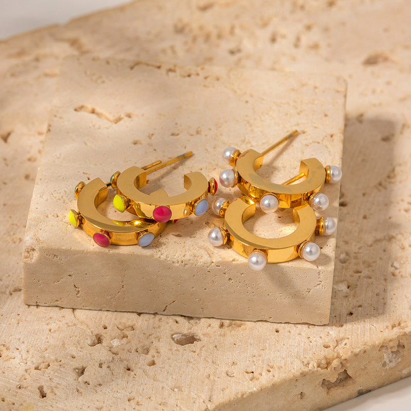 18k Gold Noble Fashion C Shape Inlaid Pearl/Colorful Gemstone Design Versatile Earrings