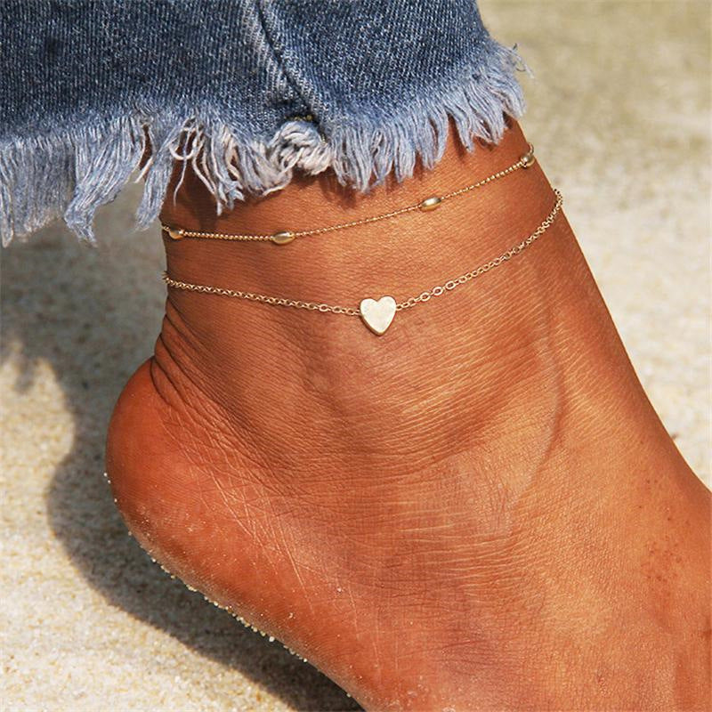 18K gold novel and fashionable double-layered beach style anklet with love design - Syble's