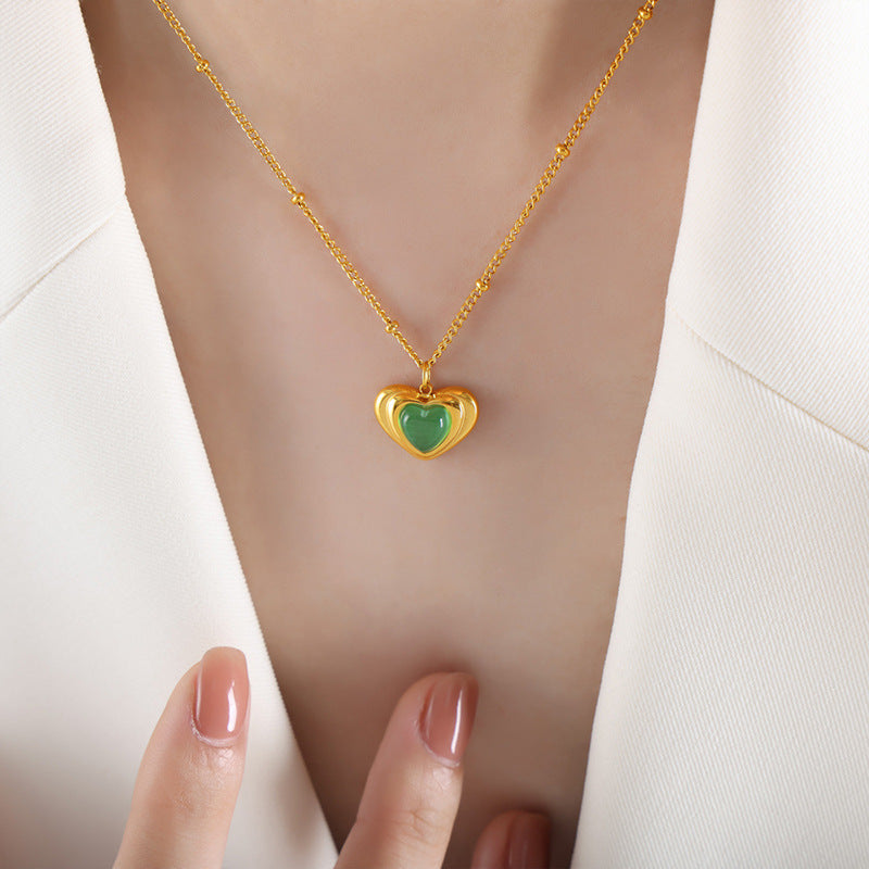 18K Gold Vintage Fashion Heart Shape Inlaid Gemstone Design Necklace Earrings Set - Syble's