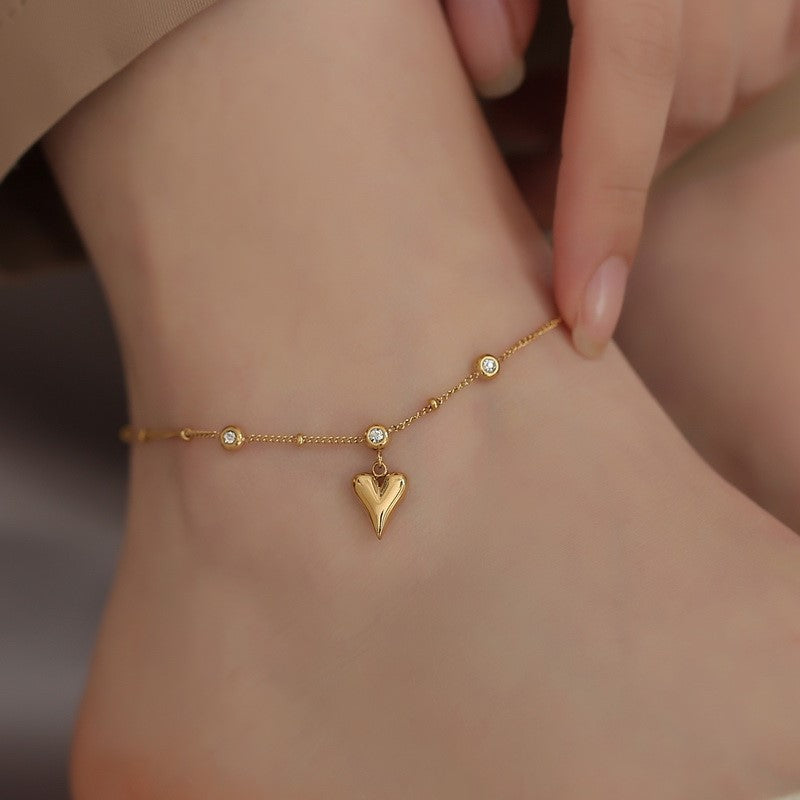18K Gold Exquisite and Fashionable Heart with Crystal Design Versatile Anklet