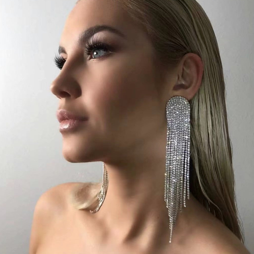Super Sparkling Diamond Long Earrings - Syble's