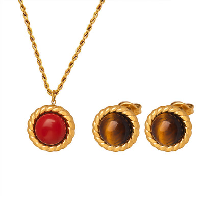 18K gold retro fashionable inlaid tiger eye stone and red turquoise design necklace and earrings set - Syble's