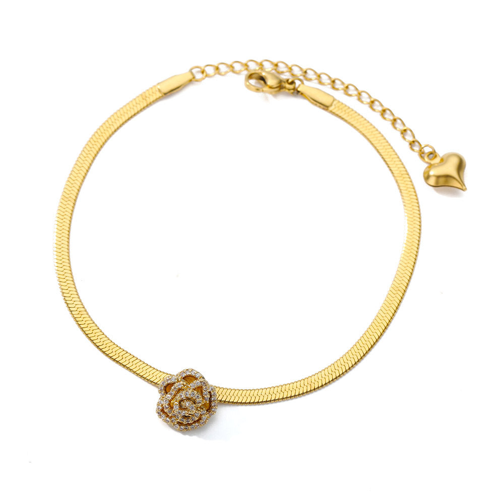 18k Gold Exquisite Light Luxury Flowers Matching Heart Design Snake Bone Chain Versatile Anklet - Syble's