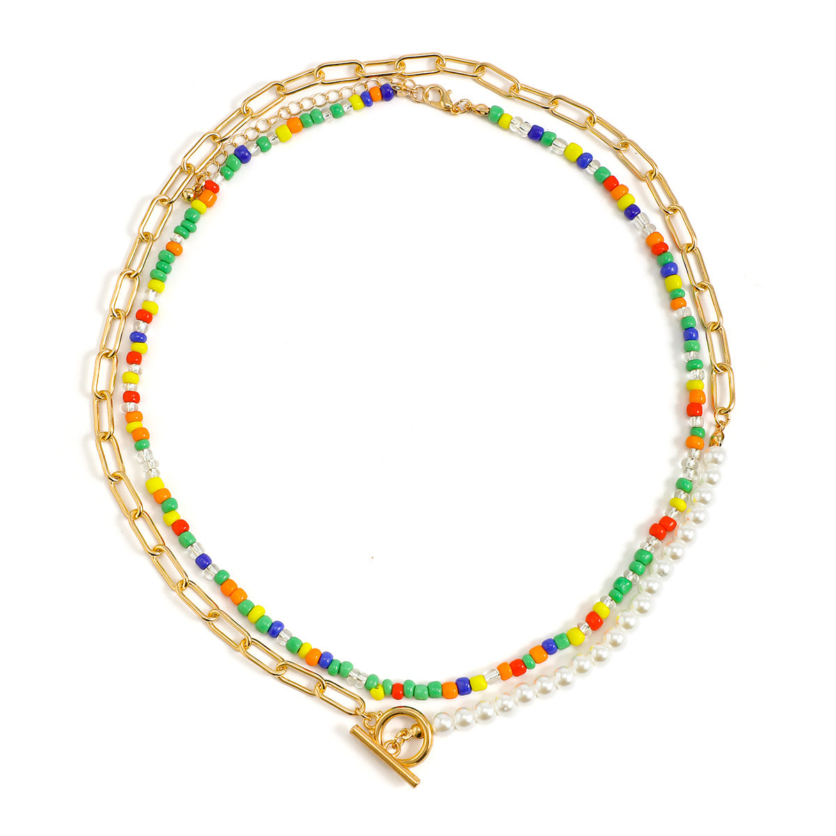 Trendy and fashionable colorful rice beads with pearls and OT buckle double design hip-hop style necklace - Syble's