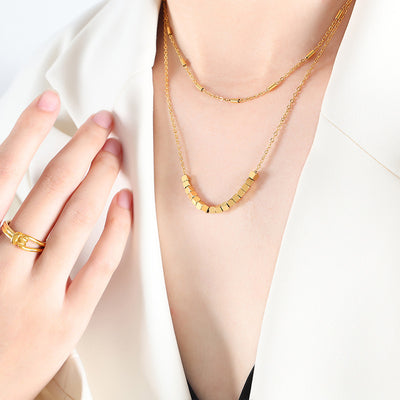 18K gold fashionable light luxury double-layered geometric square design necklace - Syble's