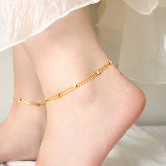 Exquisite and noble 18K gold squares paired with double-layered beach-style anklets - Syble's
