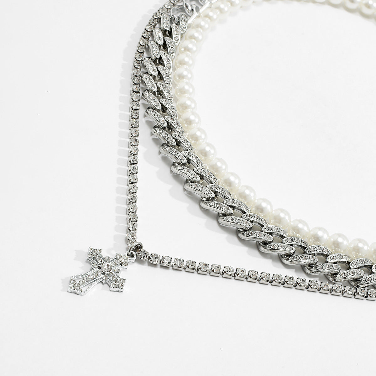 Trendy and fashionable pearls with Cuban chain and cross-studded diamond multi-layer design versatile necklace
