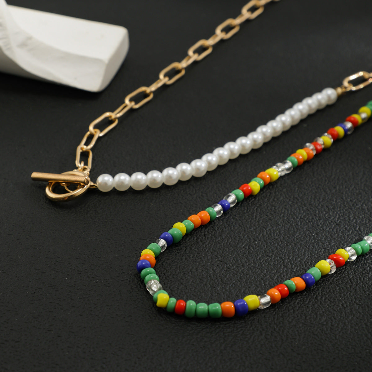 Trendy and fashionable colorful rice beads with pearls and OT buckle double design hip-hop style necklace - Syble's