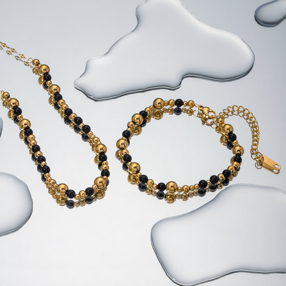 18k gold light luxury noble round beads with black agate bead string design necklace bracelet set