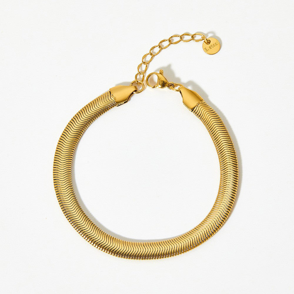 18K gold minimalist fashionable flat snake bone chain design versatile bracelet - Syble's