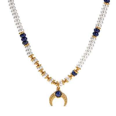 18K Gold Exquisite Fashion Pearl Lapis Lazuli Matching Moon Design Versatile Pendant Necklace - Syble's