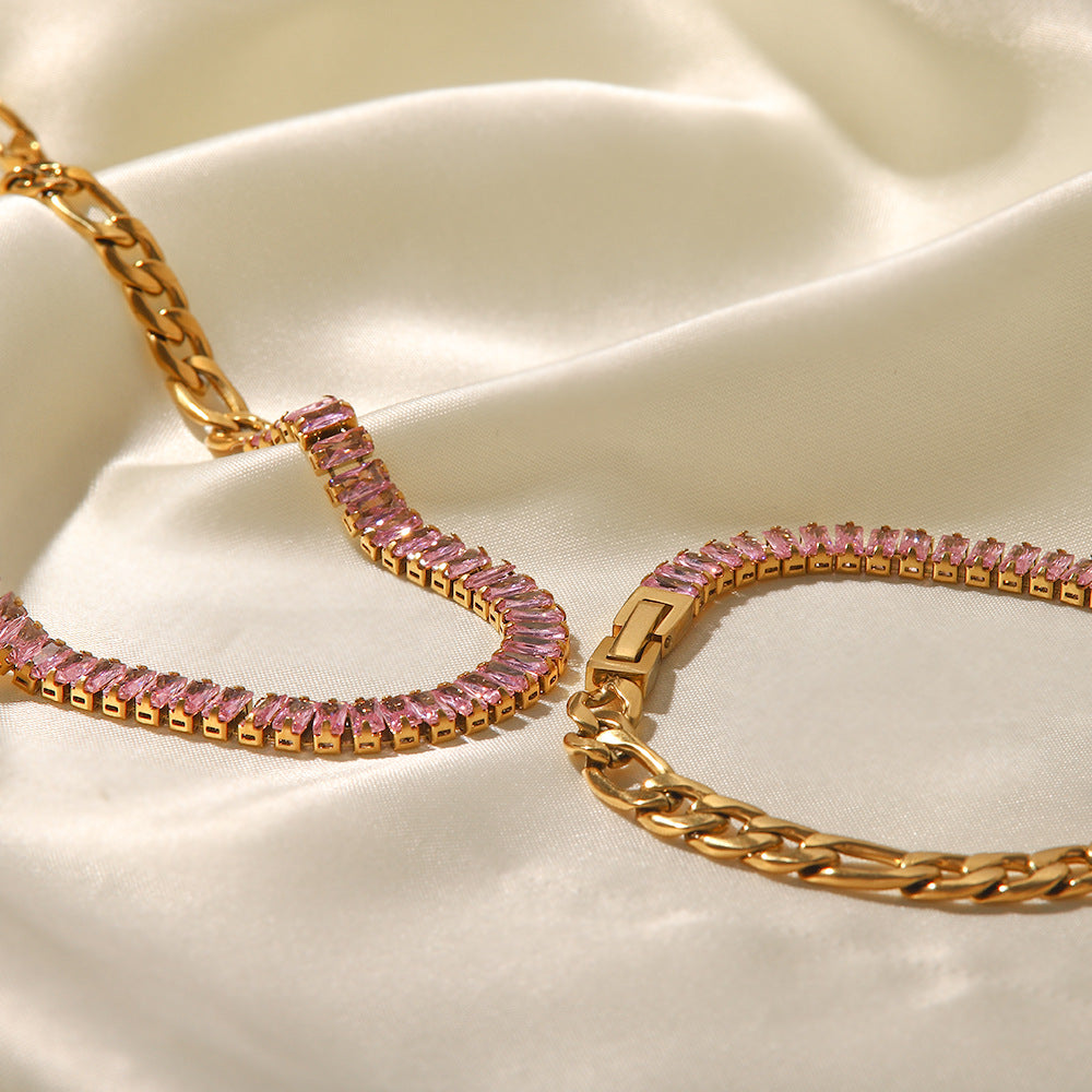 18K Gold Plated Inlaid Pink Zircon Figaro Bracelet - Syble's