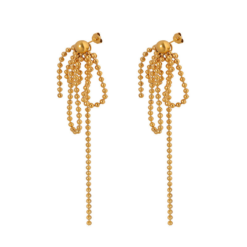 18K Gold Noble and Fashionable Rice Bead Tassel Design Light Luxury Style Earrings - Syble's