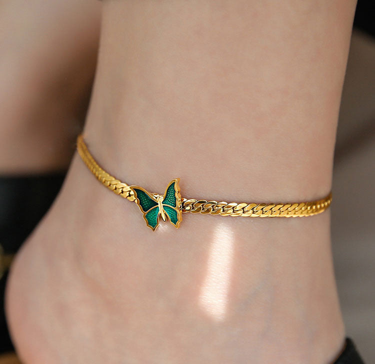 18K Gold Exquisite Light Luxury Green Butterfly Design Versatile Anklet