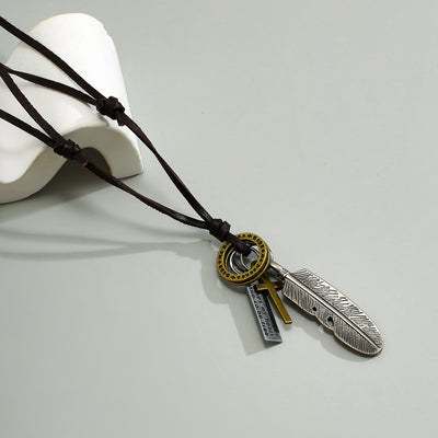 Vintage Fashion Leather Chain with Feather and Cross Design Versatile Pendant Necklace - Syble's