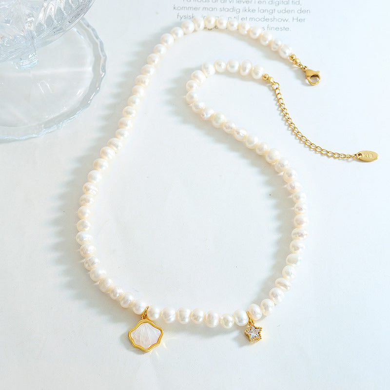 18K gold fashionable simple pearl with shell and star inlaid zircon design versatile necklace