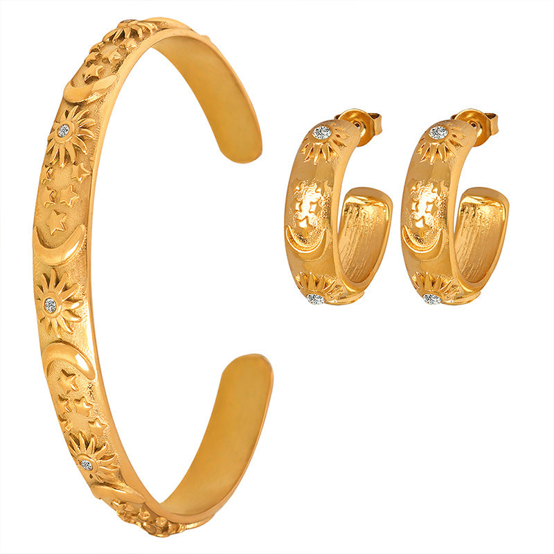 18K gold embossed star and moon pattern inlaid zircon design bracelet and earrings set - Syble's