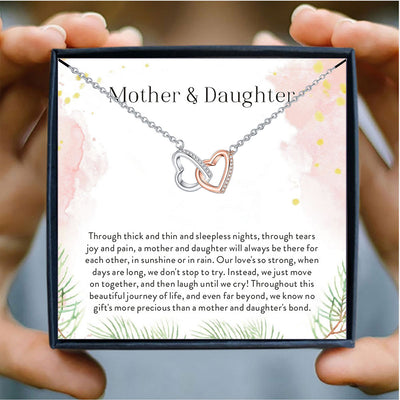 Two-tone Heart Cutout Diamond Double Interlocking Gift Box Necklace for Mom or Daughter - Syble's