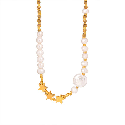 18K Gold Noble Temperament Pearl Stitching Pentagram Design Versatile Necklace - Syble's