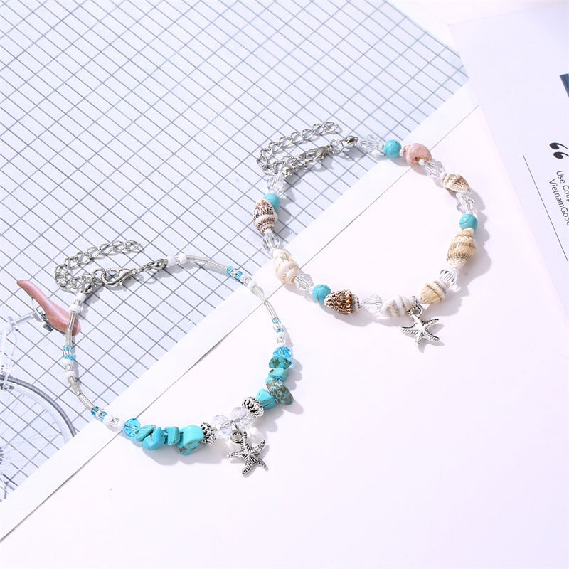 Trendy boho style starfish with natural stone conch shell beaded design marine wind anklet