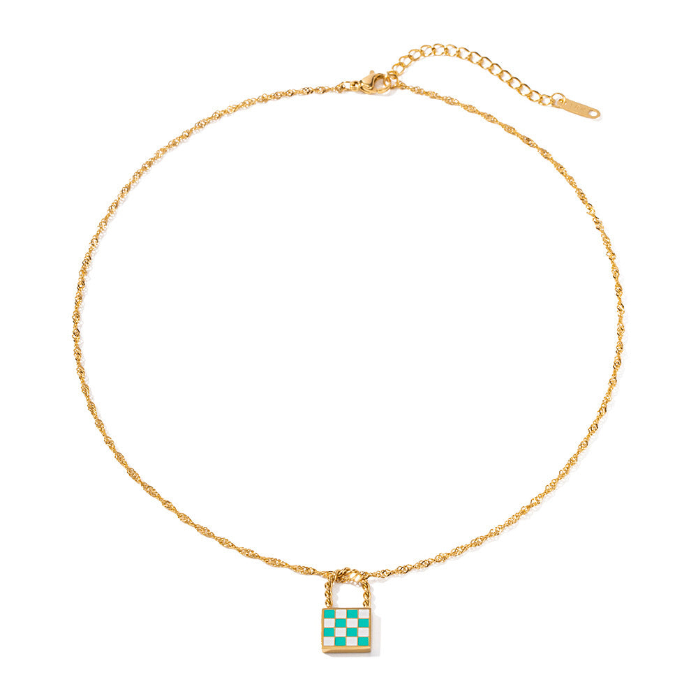 18K Novel Fashion Checker Checker Green and White Design Versatile Pendant Necklace - Syble's