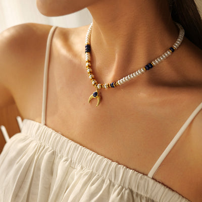 18K Gold Exquisite Fashion Pearl Lapis Lazuli Matching Moon Design Versatile Pendant Necklace - Syble's