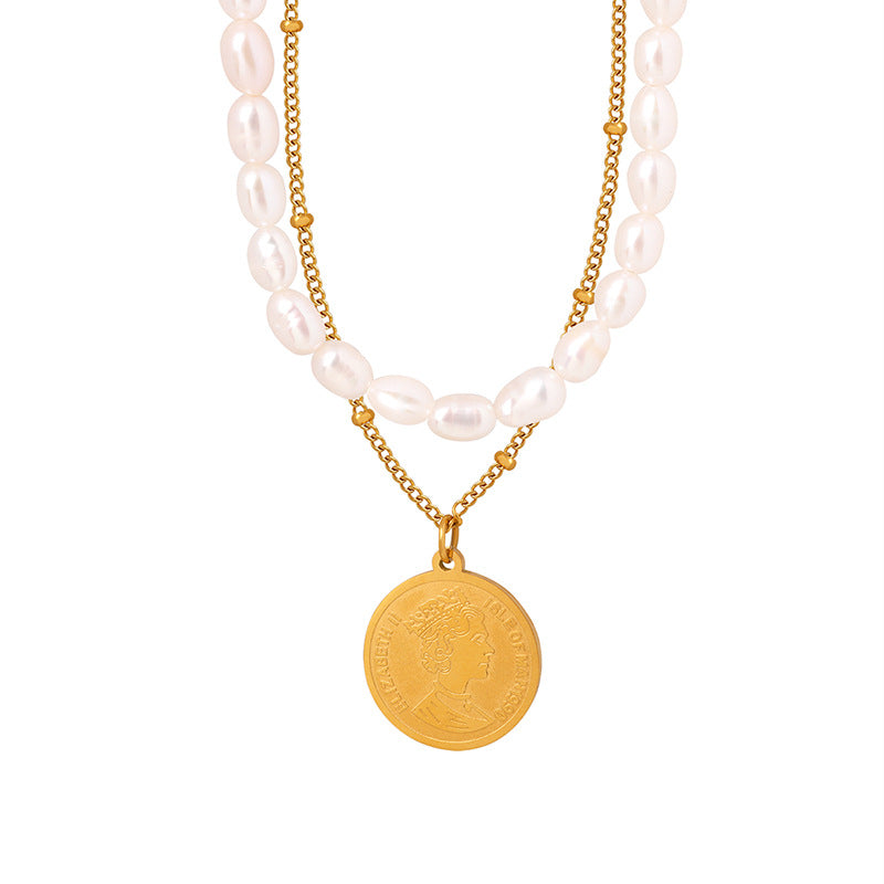 18K gold exquisite and noble medallion portrait with pearl double layer stacking design versatile necklace