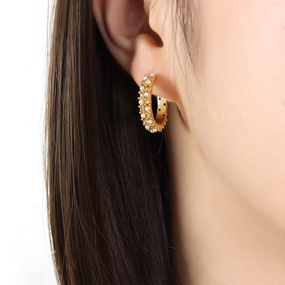 18K Gold Noble Fashion C Shape Diamond and Pearl Design Versatile Earrings - Syble's