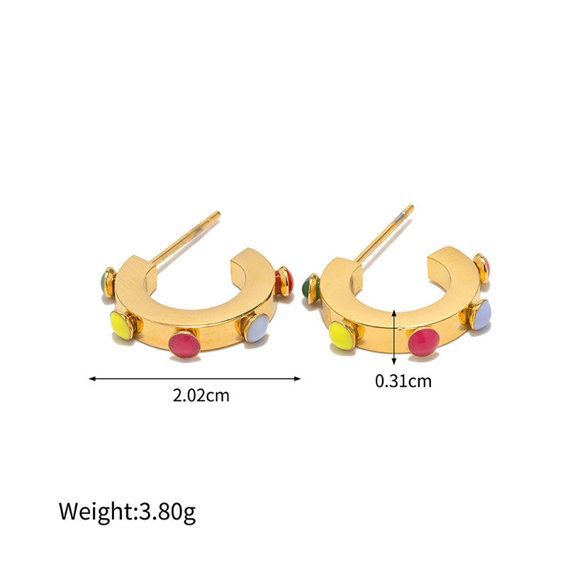 18k Gold Noble Fashion C Shape Inlaid Pearl/Colorful Gemstone Design Versatile Earrings - Syble's