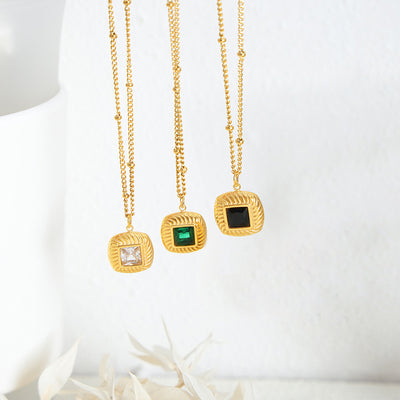 18K Gold Fashionable Retro Square Inlaid Gem Design Court Style Earrings Necklace Set - Syble's