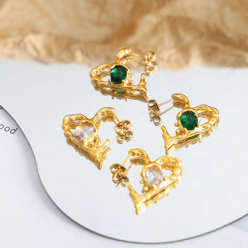 18K Gold Exquisite Dazzling Hollow Heart Inlaid Gemstone Design Versatile Earrings