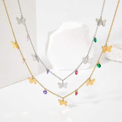 18K Gold Exquisite and Noble Collocation Butterfly and Gemstone Necklace with Frosty Design - Syble's