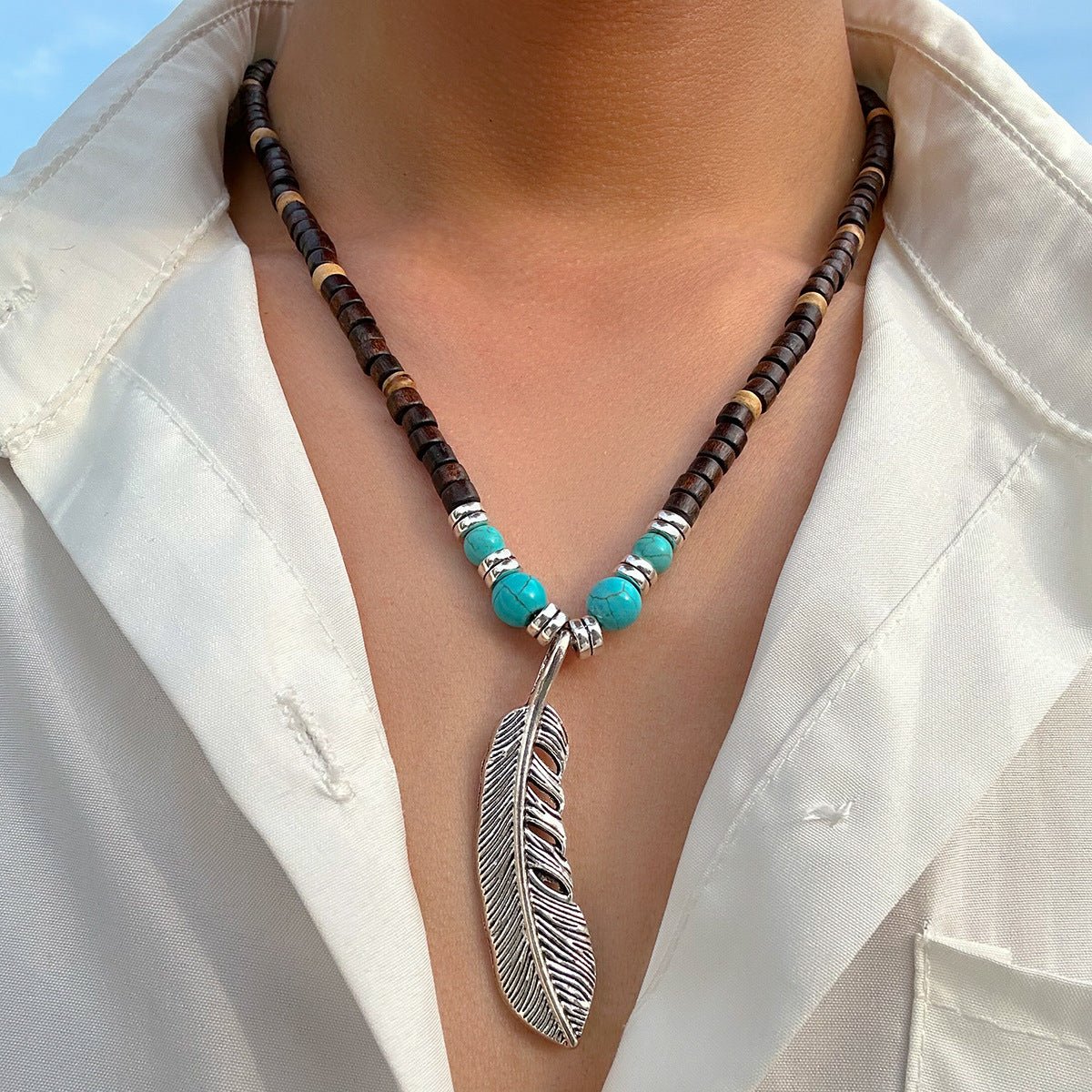 Exquisite and trendy mosaic wooden beads and turquoise with feather design pendant necklace - Syble's