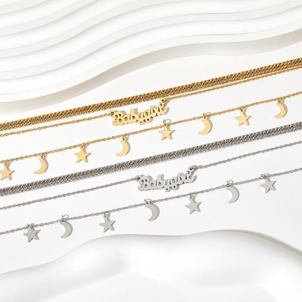 18K gold trendy fashion stars and moon with letters three-layer stacked design all-match necklace - Syble's