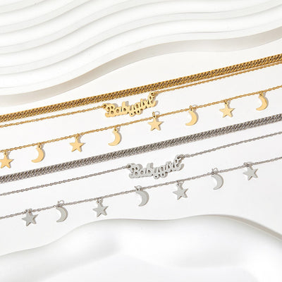 18K gold trendy fashion stars and moon with letters three-layer stacked design all-match necklace - Syble's