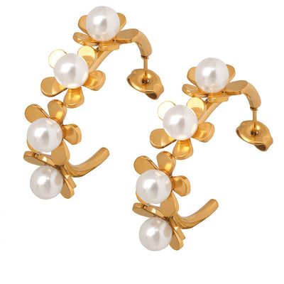 18K Gold Vintage Fashion Flower Inlaid Pearl Design Court Style Earrings - Syble's