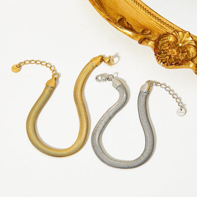 18K gold minimalist fashionable flat snake bone chain design versatile bracelet - Syble's