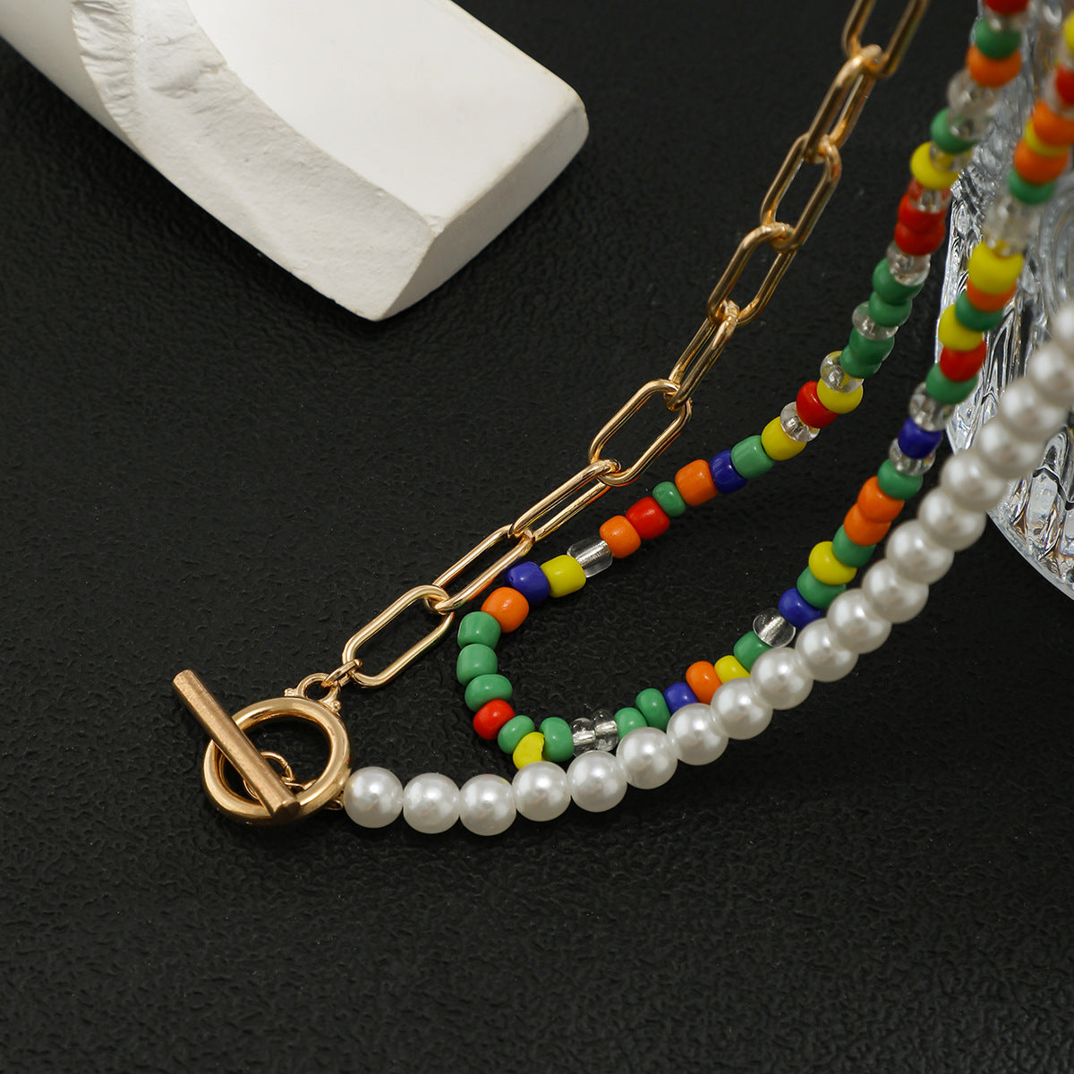 Trendy and fashionable colorful rice beads with pearls and OT buckle double design hip-hop style necklace