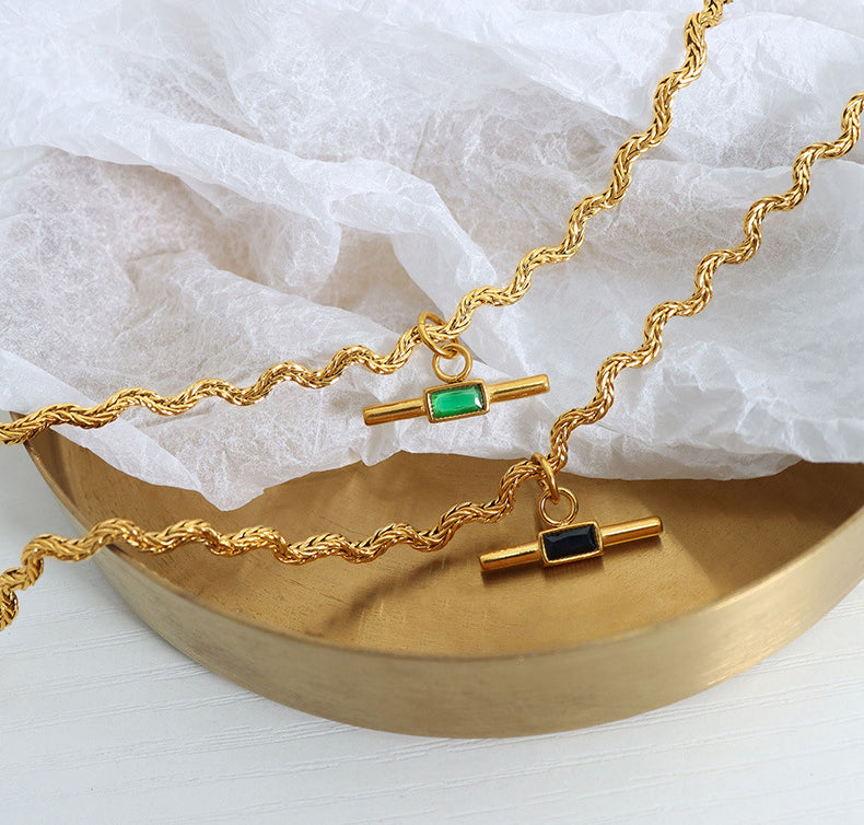 18K gold novel and trendy wave-shaped chain with square stone design necklace - Syble's
