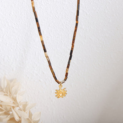 18K Gold Fashionable Personalized Tiger Eye Chain with Sun Design Versatile Pendant Necklace - Syble's